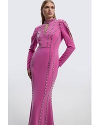Karen Millen - Crystal Embellished Woven Plunge Detail Maxi Dress - Lyst