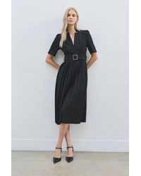 Karen Millen - Petite Forever Tailored Structured Crepe Forever Pleat Belted Midi Dress - Lyst