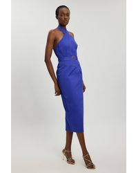 Karen Millen - Tailored Cotton Sateen Pencil Belted Midi Dress - Lyst