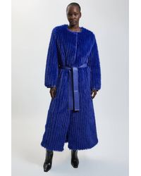 Karen Millen - Textured Faux Fur Belted Collarless Long Coat - Lyst