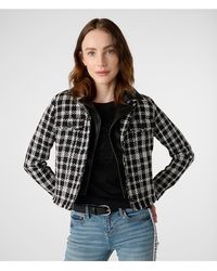 Karl Lagerfeld - | Women's Tweed Plaid And Faux Leather Moto Jacket | Black/white | Size Xs - Lyst