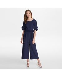 Karl Lagerfeld Ruffle Sleeve Cropped Jumpsuit With Pearls - Blue