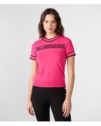 Karl Lagerfeld - | Women's Contrast Trim Short Sleeve Logo Sweater | Fuchsia Pink | Size Medium - Lyst
