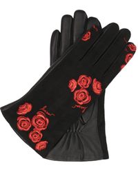 Kazar - Elegante Zwarte Handschoenen Met Geborduurde Rode Bloemen - Lyst