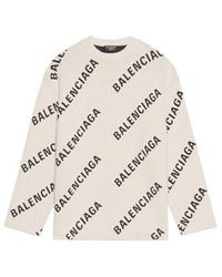 Balenciaga - All Over Logo Crewneck Wool Knit Sweater - Lyst