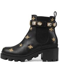 Gucci - Stars And Bee Embroidered Leather Ankle Boot With Belt - Lyst