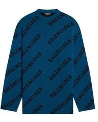 Balenciaga - All Over Logo Crewneck Wool Knit Sweater 'Petrol' - Lyst