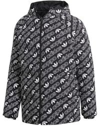 adidas - Originals Monogram Jkt Full Print Logo Reversible Stay Warm Hooded Down Jacket Black White - Lyst
