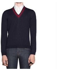 Gucci - V-neck Green And Red Striped Knitted Sweater Navy - Lyst