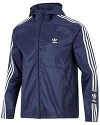 adidas - Originals Logo Micro Mark Stripe Athleisure Casual Sports Hooded Woven Jacket Navy Blue - Lyst