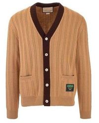 Gucci - Rib Knit Wool Cardigan With Label 'Camel' - Lyst