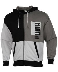 PUMA - Cardigan Hooded Colorblock Logo Jacket Black Gray - Lyst