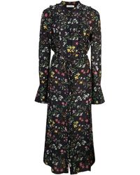 Altuzarra Ruffle Front Floral Midi Shirt Dress - Black