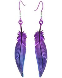 Ti2 Titanium Woodland Feather Drop Earrings - Purple