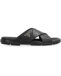 Prada - Leather Slides With Logo - Lyst