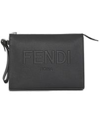 Fendi - Leather Clutch With Logo And Wrist Strap - Lyst