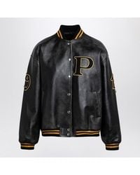 Prada - Vintage Leather Bomber Jacket With Patch Detail - Lyst