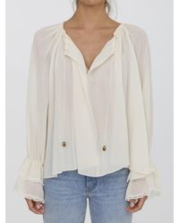 Chloé - Gathered Silk V-Neck Blouse - Lyst