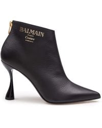 Balmain - Leather Ankle Boot With Pointed Toe And Lacquered Heel - Lyst