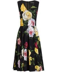 Dolce & Gabbana - Peony And Rose-Print Cady Midi Dress With Circle Skirt - Lyst