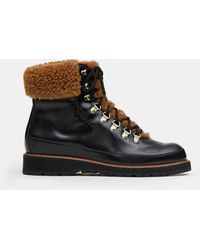 Lafayette 148 New York - Brushed Leather & Shearling Lace-up Lug Sole Boot-black Multi-39-b - Lyst