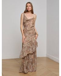 L'Agence - Robe De Soirée En Soie Viola, Imprimé Léopard Valencia Marron Et Bleu - Lyst