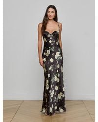 L'Agence - Robe De Soirée En Soie Sayla, Noir À Imprimé Roses Romantique Ivoire - Lyst