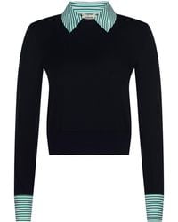 L'Agence - Pull À Col En Popeline April, Bleu Marine Foncé/Motif Rayé Vert Et Blanc - Lyst
