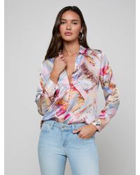 L'Agence - Chemisier En Soie Tyler, Rose Clair À Imprimé Carte Postale Coloré - Lyst
