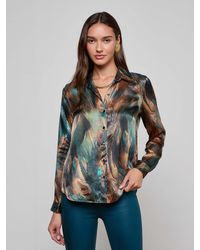 L'Agence - Chemisier En Soie Tyler, Imprimé Plumes Bleu Sarcelle Coloré - Lyst