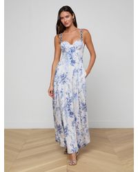 L'Agence - Robe De Soirée À Bretelles Perlées Sutton, Ivoire À Imprimé Dentelle Et Cachemire Bleu Style Aquarelle - Lyst