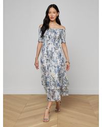 L'Agence - Robe À Épaules Dénudées Oriel, Gris À Imprimé Papillons Coloré Style Aquarelle - Lyst