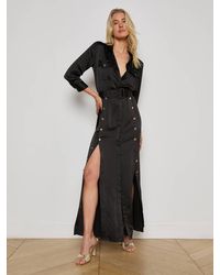 L'Agence - Robe Chemise Longue En Satin Uriah, Noir - Lyst