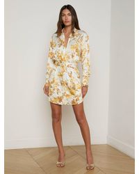 L'Agence - Robe Chemise En Satin Demie, Ivoire Avec Imprimé Doré Style Tapisserie - Lyst