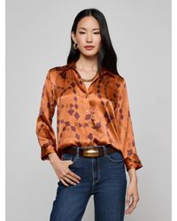 L'Agence - Chemisier En Soie Dani, Brun Ambré À Imprimé Géométrique Cartes - Lyst
