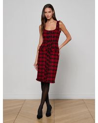 L'Agence - Robe Mi-Longue En Tweed Aya, Motif Pied-De-Poule Rouge Et Noir - Lyst
