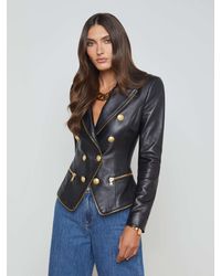 L'Agence - Lambskin Leather Double-Breasted Blazer - Lyst
