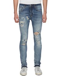 Purple Ripped And Repaired Low Rise Light Washed Skinny Jeans Men Clothing Jeans Ripped And Repaired Low Rise Light Washed Skinny Jeans - Blue