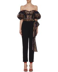 off shoulder embroidered mesh panel jumpsuit