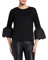 English Factory Scallop Bell Sleeve Cotton T-shirt - Black