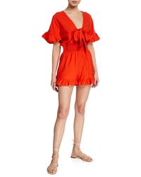 Lost + Wander Bloody Mary Tie-front Ruffle Romper - Red