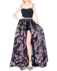 Mac Duggal Lace Floral-print Embellished Romper Gown - Black