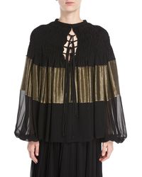 Derek Lam Tie-front Smocking Blouson-sleeve Silky Blouse W/ Metallic - Black