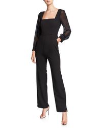 BCBGMAXAZRIA Square Neck Sheer Sleeves Jumpsuit - Black