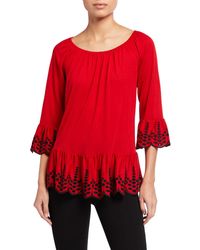 Neiman Marcus 3/4-sleeve Eyelet-embroidered Tee