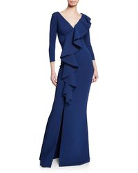 La Petite Robe Di Chiara Boni Janka V-neck 3/4-sleeve Asymmetric Ruffle Mermaid Gown W/ Slit - Blue