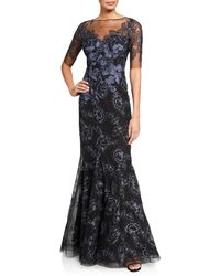 Teri Jon Lace Embroidered Illusion Gown in Navy (Blue) - Lyst