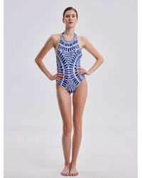 Lattelier Symmetric Print Halterneck Silk Swimsuit - Blue