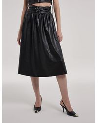 Lattelier Midi Buckle Belted Faux Leather Skirt - Black