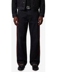Gucci - Cotton Denim Trousers With Web Insert - Lyst